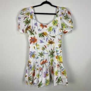 Tanya Taylor Tiana Floral Fit & Flare Puff Sleeve Mini Dress Sweetheart Neckline